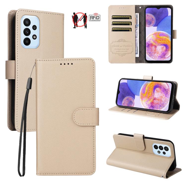 Custodia per telefono in pelle con portafoglio a 3 carte e protezione RFID, con texture litchi., For Samsung Galaxy A23 4G / 5G / F23, For Samsung Galaxy A04e 4G / F04, For Samsung Galaxy A14 4G / 5G, For Samsung Galaxy A34 5G