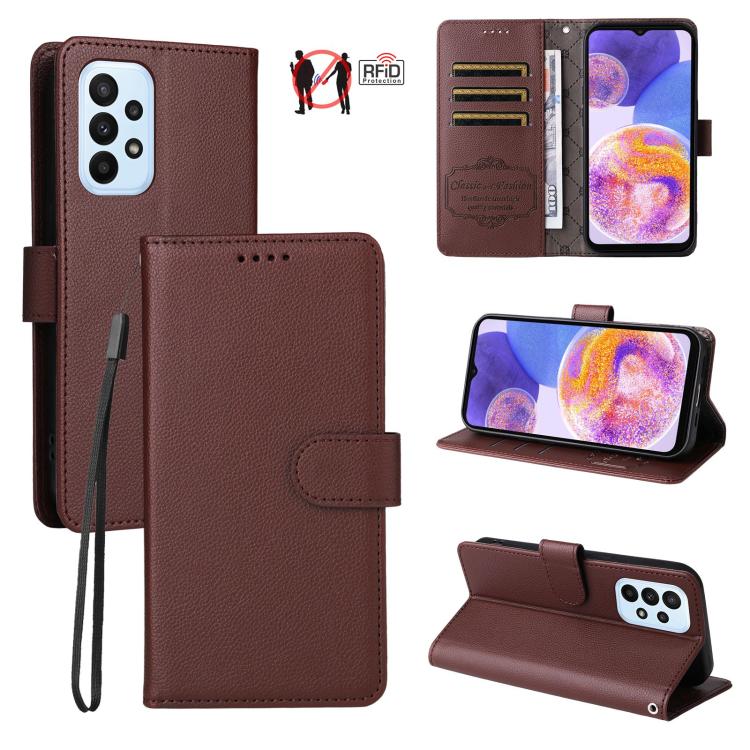 Custodia per telefono in pelle con portafoglio a 3 carte e protezione RFID, con texture litchi., For Samsung Galaxy A23 4G / 5G / F23, For Samsung Galaxy A04e 4G / F04, For Samsung Galaxy A14 4G / 5G, For Samsung Galaxy A34 5G