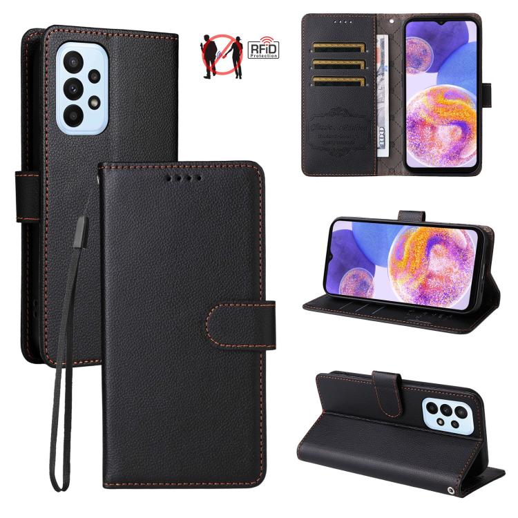 Custodia per telefono in pelle con portafoglio a 3 carte e protezione RFID, con texture litchi., For Samsung Galaxy A23 4G / 5G / F23, For Samsung Galaxy A04e 4G / F04, For Samsung Galaxy A14 4G / 5G, For Samsung Galaxy A34 5G