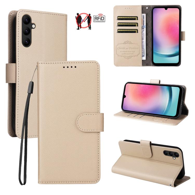 Custodia per telefono in pelle con portafoglio a 3 carte e protezione RFID, con texture litchi., For Samsung Galaxy A05, For Samsung Galaxy A05s, For Samsung Galaxy A25 5G Global, For Samsung Galaxy A24 4G