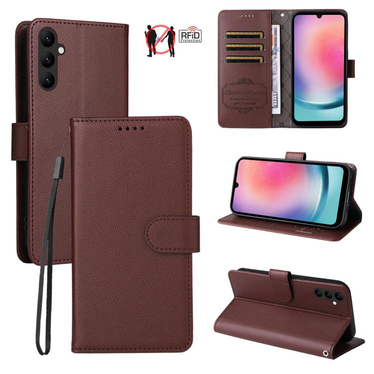 Custodia per telefono in pelle con portafoglio a 3 carte e protezione RFID, con texture litchi., For Samsung Galaxy A05, For Samsung Galaxy A05s, For Samsung Galaxy A25 5G Global, For Samsung Galaxy A24 4G