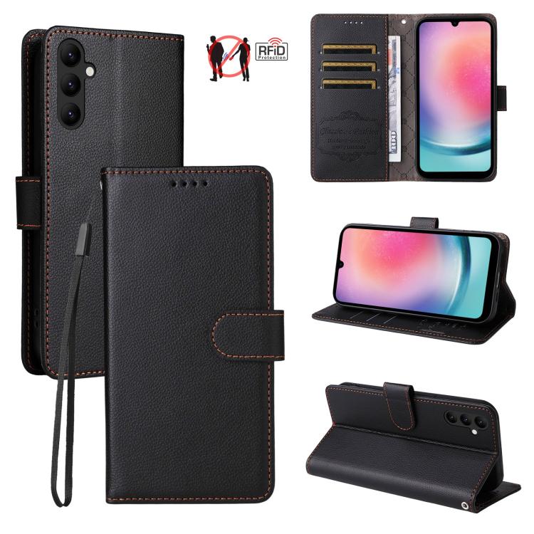 Custodia per telefono in pelle con portafoglio a 3 carte e protezione RFID, con texture litchi., For Samsung Galaxy A05, For Samsung Galaxy A05s, For Samsung Galaxy A25 5G Global, For Samsung Galaxy A24 4G