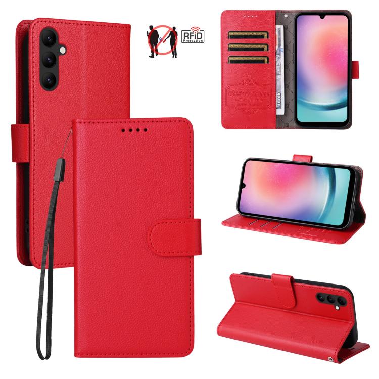 Custodia per telefono in pelle con portafoglio a 3 carte e protezione RFID, con texture litchi., For Samsung Galaxy A05, For Samsung Galaxy A05s, For Samsung Galaxy A25 5G Global, For Samsung Galaxy A24 4G