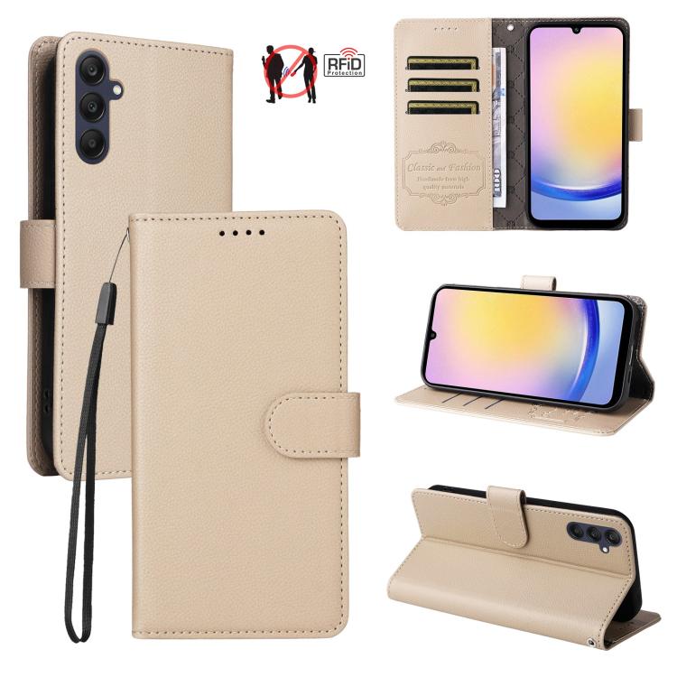 Custodia per telefono in pelle con portafoglio a 3 carte e protezione RFID, con texture litchi., For Samsung Galaxy A05, For Samsung Galaxy A05s, For Samsung Galaxy A25 5G Global, For Samsung Galaxy A24 4G