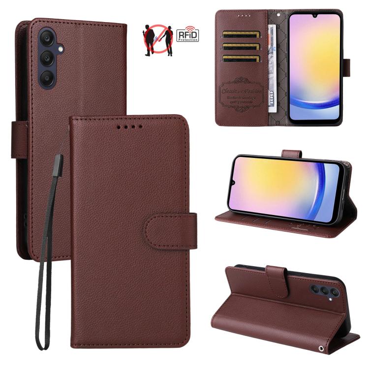Custodia per telefono in pelle con portafoglio a 3 carte e protezione RFID, con texture litchi., For Samsung Galaxy A05, For Samsung Galaxy A05s, For Samsung Galaxy A25 5G Global, For Samsung Galaxy A24 4G