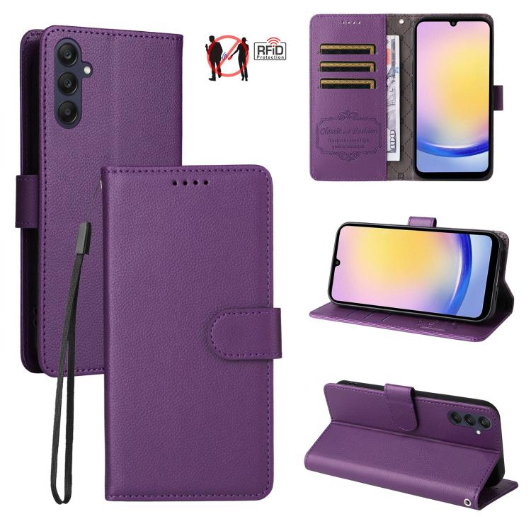 Custodia per telefono in pelle con portafoglio a 3 carte e protezione RFID, con texture litchi., For Samsung Galaxy A05, For Samsung Galaxy A05s, For Samsung Galaxy A25 5G Global, For Samsung Galaxy A24 4G