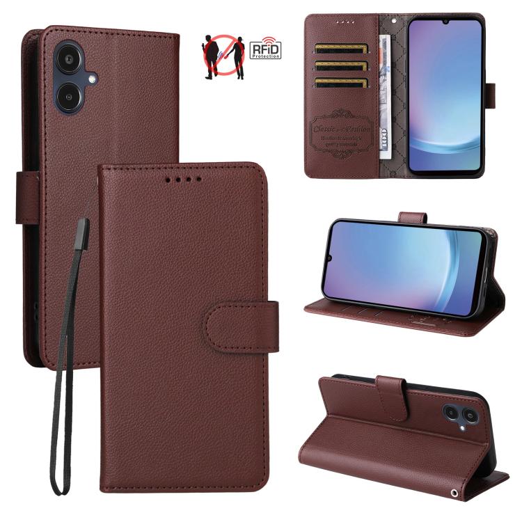 Custodia per telefono in pelle con portafoglio a 3 carte e protezione RFID, con texture litchi., For Galaxy A57 5G, For Galaxy A37 5G, For Galaxy A27 5G, For Samsung Galaxy A25e