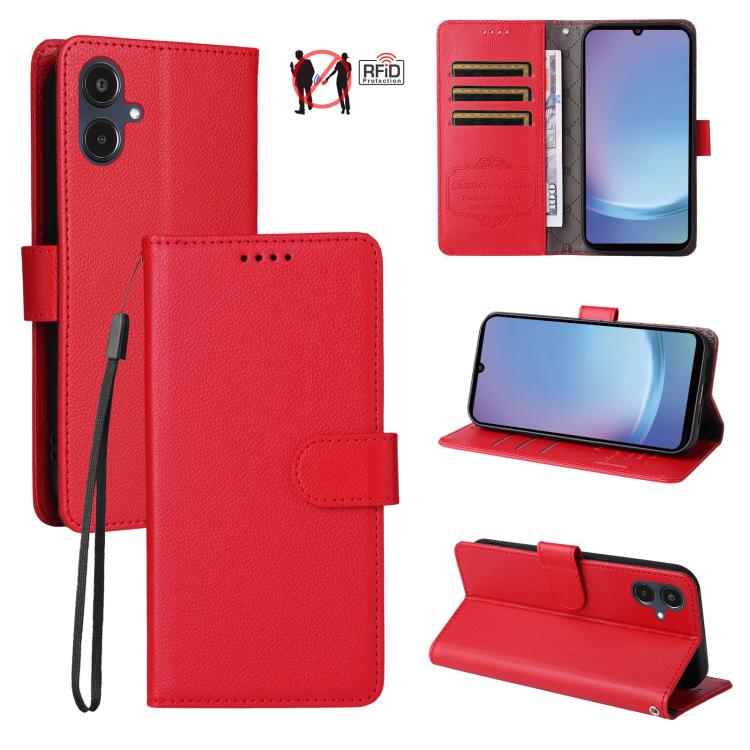 Custodia per telefono in pelle con portafoglio a 3 carte e protezione RFID, con texture litchi., For Galaxy A57 5G, For Galaxy A37 5G, For Galaxy A27 5G, For Samsung Galaxy A25e