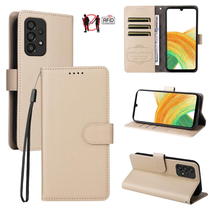Custodia per telefono in pelle con portafoglio a 3 carte e protezione RFID, con texture litchi., For Samsung Galaxy A33 5G