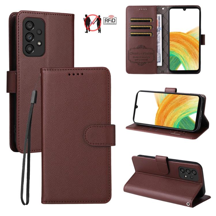 Custodia per telefono in pelle con portafoglio a 3 carte e protezione RFID, con texture litchi., For Samsung Galaxy A33 5G