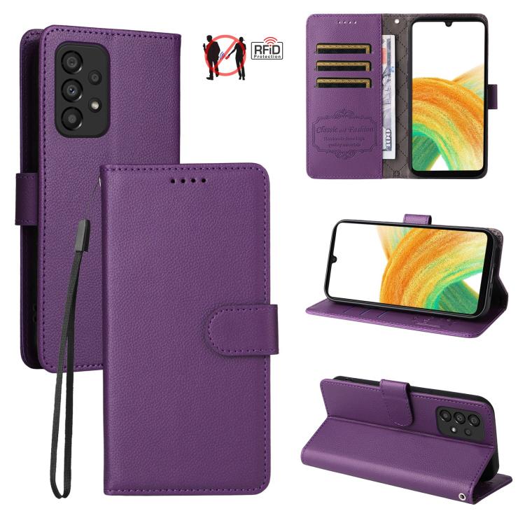 Custodia per telefono in pelle con portafoglio a 3 carte e protezione RFID, con texture litchi., For Samsung Galaxy A33 5G