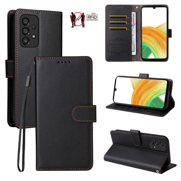 Custodia per telefono in pelle con portafoglio a 3 carte e protezione RFID, con texture litchi., For Samsung Galaxy A33 5G