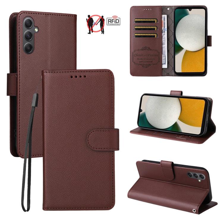 Custodia per telefono in pelle con portafoglio a 3 carte e protezione RFID, con texture litchi., For Samsung Galaxy A23 4G / 5G / F23, For Samsung Galaxy A04e 4G / F04, For Samsung Galaxy A14 4G / 5G, For Samsung Galaxy A34 5G