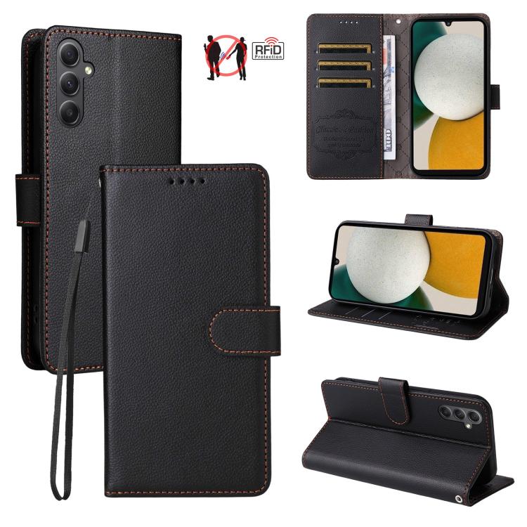 Custodia per telefono in pelle con portafoglio a 3 carte e protezione RFID, con texture litchi., For Samsung Galaxy A23 4G / 5G / F23, For Samsung Galaxy A04e 4G / F04, For Samsung Galaxy A14 4G / 5G, For Samsung Galaxy A34 5G