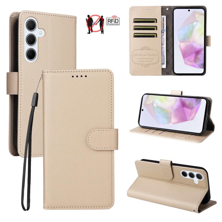 Custodia per telefono in pelle con portafoglio a 3 carte e protezione RFID, con texture litchi., For Samsung Galaxy A36 5G, For Samsung Galaxy A15 4G / 5G, For Samsung Galaxy A55 5G, For Samsung Galaxy A35 5G