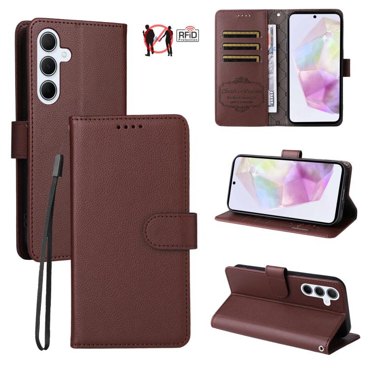 Custodia per telefono in pelle con portafoglio a 3 carte e protezione RFID, con texture litchi., For Samsung Galaxy A36 5G, For Samsung Galaxy A15 4G / 5G, For Samsung Galaxy A55 5G, For Samsung Galaxy A35 5G