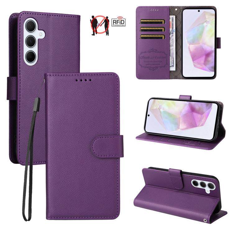 Custodia per telefono in pelle con portafoglio a 3 carte e protezione RFID, con texture litchi., For Samsung Galaxy A36 5G, For Samsung Galaxy A15 4G / 5G, For Samsung Galaxy A55 5G, For Samsung Galaxy A35 5G