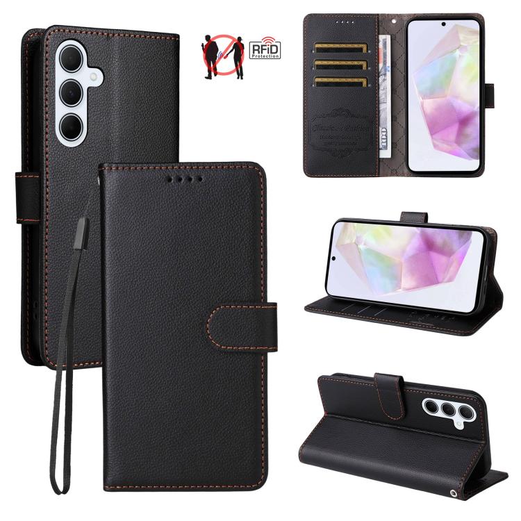 Custodia per telefono in pelle con portafoglio a 3 carte e protezione RFID, con texture litchi., For Samsung Galaxy A36 5G, For Samsung Galaxy A15 4G / 5G, For Samsung Galaxy A55 5G, For Samsung Galaxy A35 5G