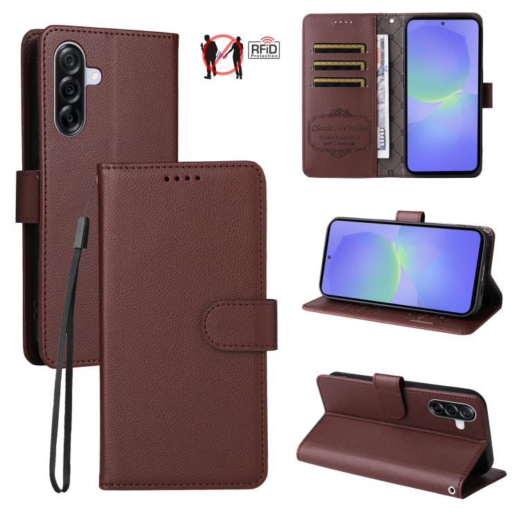 Custodia per telefono in pelle con portafoglio a 3 carte e protezione RFID, con texture litchi., For Samsung Galaxy A36 5G, For Samsung Galaxy A15 4G / 5G, For Samsung Galaxy A55 5G, For Samsung Galaxy A35 5G