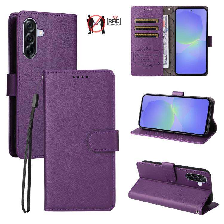 Custodia per telefono in pelle con portafoglio a 3 carte e protezione RFID, con texture litchi., For Samsung Galaxy A36 5G, For Samsung Galaxy A15 4G / 5G, For Samsung Galaxy A55 5G, For Samsung Galaxy A35 5G