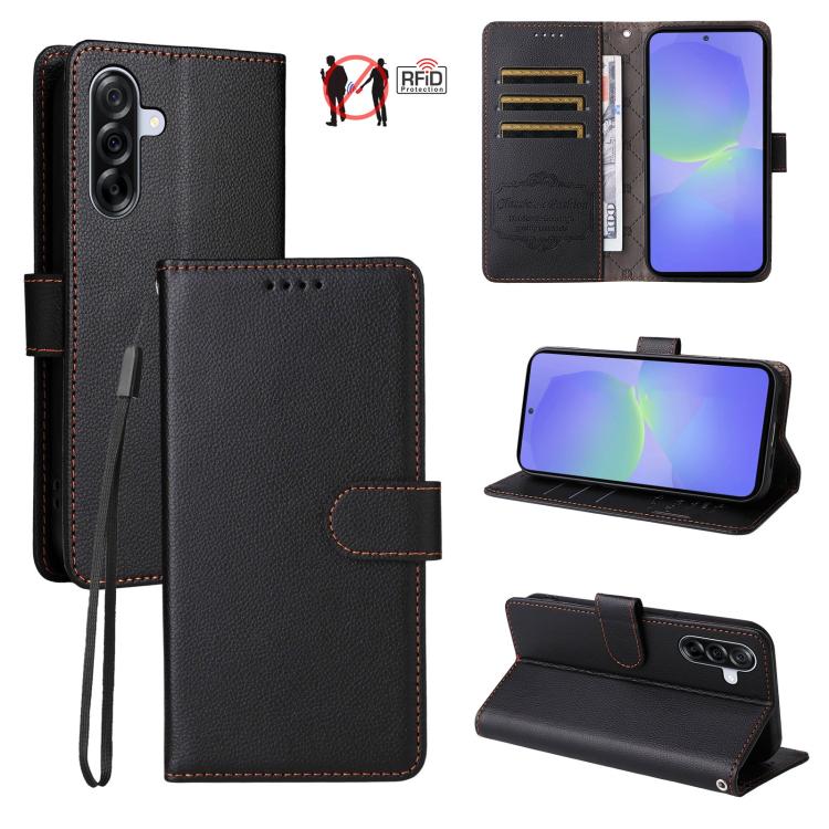 Custodia per telefono in pelle con portafoglio a 3 carte e protezione RFID, con texture litchi., For Samsung Galaxy A36 5G, For Samsung Galaxy A15 4G / 5G, For Samsung Galaxy A55 5G, For Samsung Galaxy A35 5G