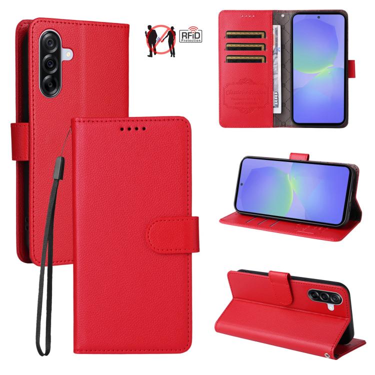 Custodia per telefono in pelle con portafoglio a 3 carte e protezione RFID, con texture litchi., For Samsung Galaxy A36 5G, For Samsung Galaxy A15 4G / 5G, For Samsung Galaxy A55 5G, For Samsung Galaxy A35 5G