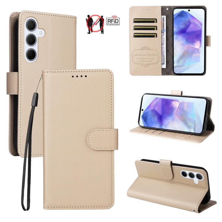 Custodia per telefono in pelle con portafoglio a 3 carte e protezione RFID, con texture litchi., For Samsung Galaxy A36 5G, For Samsung Galaxy A15 4G / 5G, For Samsung Galaxy A55 5G, For Samsung Galaxy A35 5G