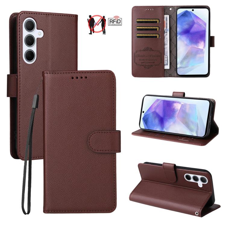 Custodia per telefono in pelle con portafoglio a 3 carte e protezione RFID, con texture litchi., For Samsung Galaxy A36 5G, For Samsung Galaxy A15 4G / 5G, For Samsung Galaxy A55 5G, For Samsung Galaxy A35 5G