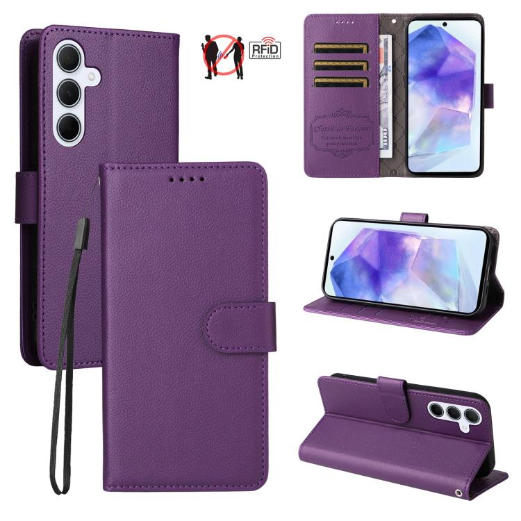 Custodia per telefono in pelle con portafoglio a 3 carte e protezione RFID, con texture litchi., For Samsung Galaxy A36 5G, For Samsung Galaxy A15 4G / 5G, For Samsung Galaxy A55 5G, For Samsung Galaxy A35 5G