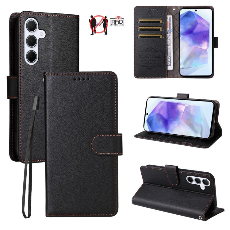 Custodia per telefono in pelle con portafoglio a 3 carte e protezione RFID, con texture litchi., For Samsung Galaxy A36 5G, For Samsung Galaxy A15 4G / 5G, For Samsung Galaxy A55 5G, For Samsung Galaxy A35 5G