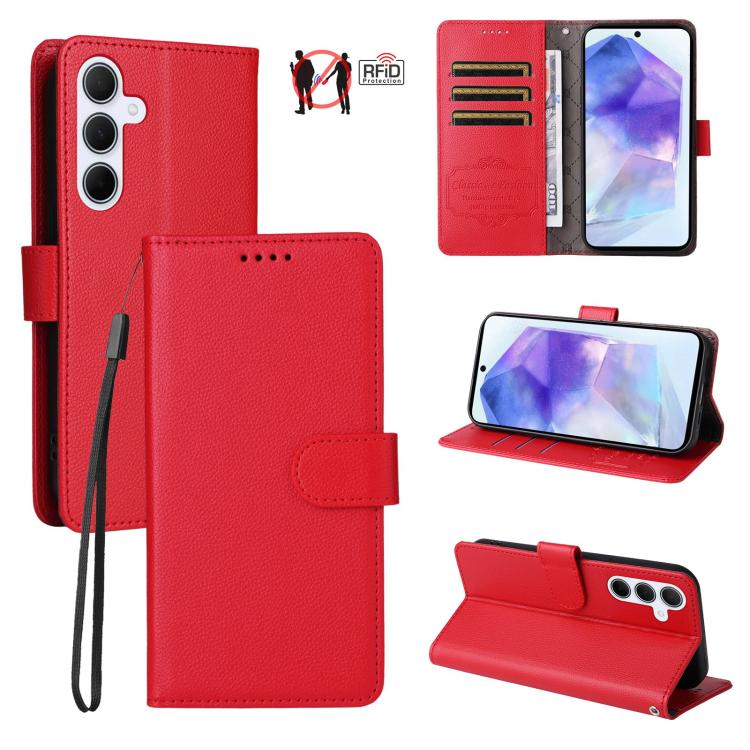 Custodia per telefono in pelle con portafoglio a 3 carte e protezione RFID, con texture litchi., For Samsung Galaxy A36 5G, For Samsung Galaxy A15 4G / 5G, For Samsung Galaxy A55 5G, For Samsung Galaxy A35 5G
