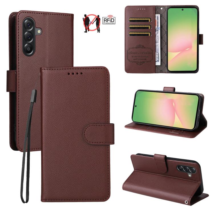 Custodia per telefono in pelle con portafoglio a 3 carte e protezione RFID, con texture litchi., For Samsung Galaxy A07 4G / 5G, For Samsung Galaxy A06 4G / 5G, For Samsung Galaxy A56 5G, For Samsung Galaxy A16 4G / 5G / A26