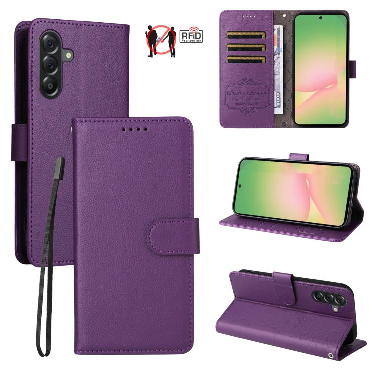 Custodia per telefono in pelle con portafoglio a 3 carte e protezione RFID, con texture litchi., For Samsung Galaxy A07 4G / 5G, For Samsung Galaxy A06 4G / 5G, For Samsung Galaxy A56 5G, For Samsung Galaxy A16 4G / 5G / A26