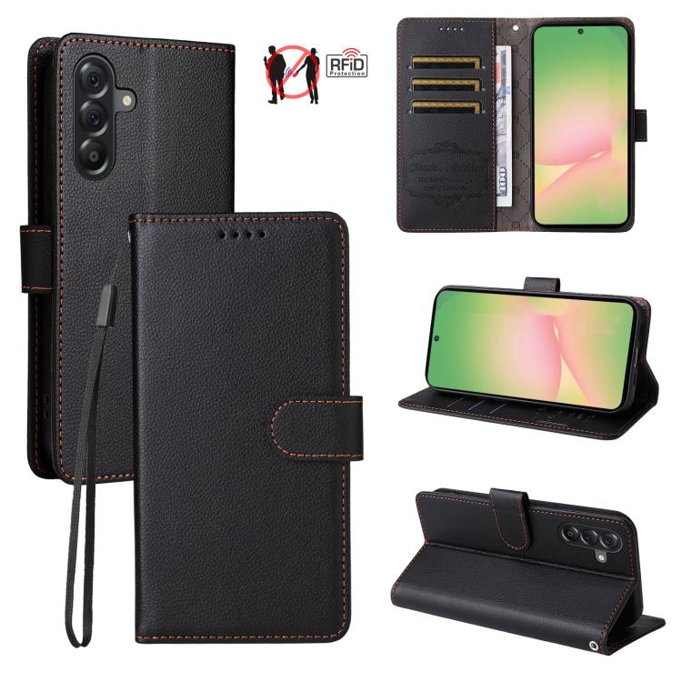 Custodia per telefono in pelle con portafoglio a 3 carte e protezione RFID, con texture litchi., For Samsung Galaxy A07 4G / 5G, For Samsung Galaxy A06 4G / 5G, For Samsung Galaxy A56 5G, For Samsung Galaxy A16 4G / 5G / A26
