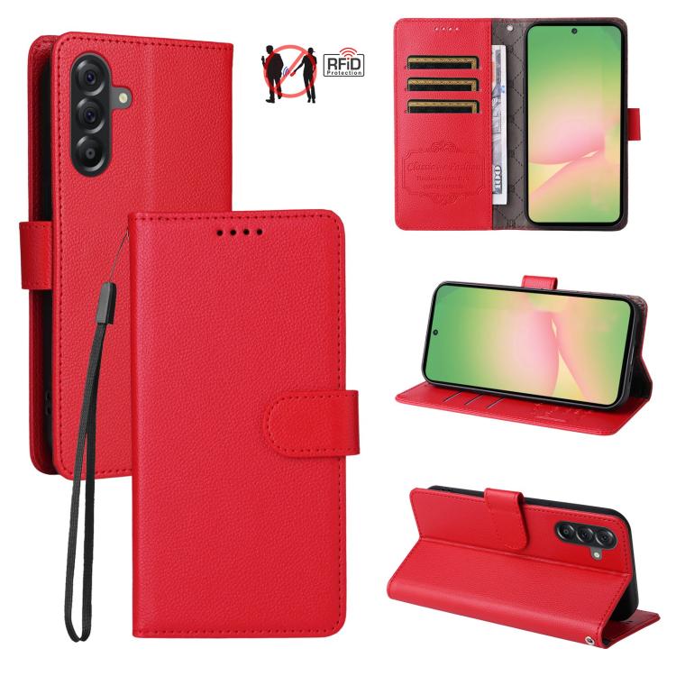 Custodia per telefono in pelle con portafoglio a 3 carte e protezione RFID, con texture litchi., For Samsung Galaxy A07 4G / 5G, For Samsung Galaxy A06 4G / 5G, For Samsung Galaxy A56 5G, For Samsung Galaxy A16 4G / 5G / A26