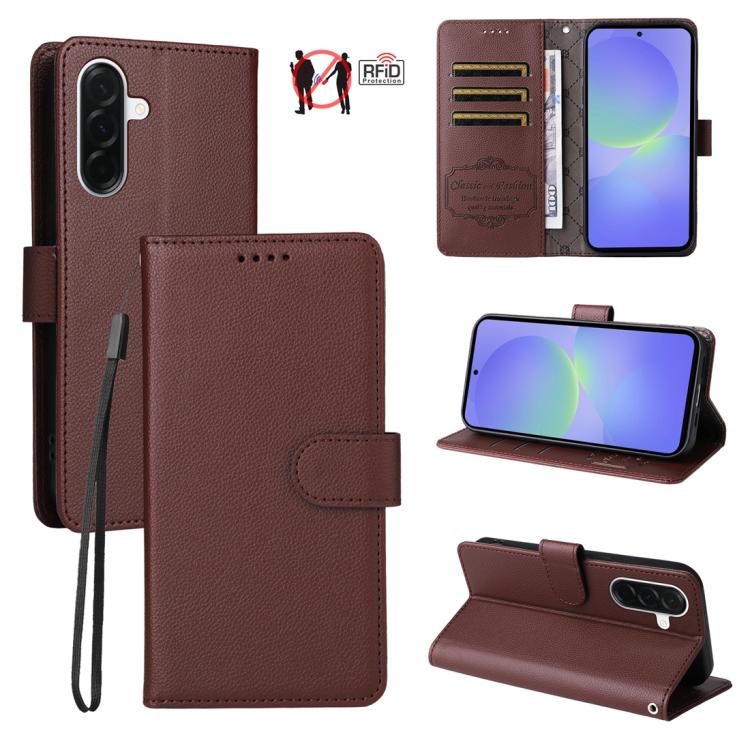 Custodia per telefono in pelle con portafoglio a 3 carte e protezione RFID, con texture litchi., For Galaxy A57 5G, For Galaxy A37 5G, For Galaxy A27 5G, For Samsung Galaxy A25e