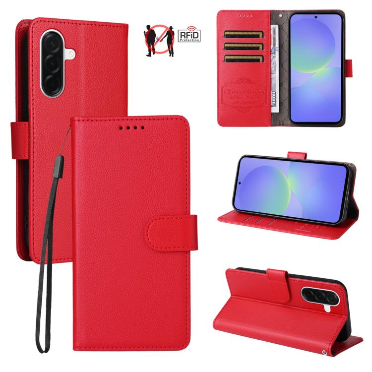Custodia per telefono in pelle con portafoglio a 3 carte e protezione RFID, con texture litchi., For Galaxy A57 5G, For Galaxy A37 5G, For Galaxy A27 5G, For Samsung Galaxy A25e