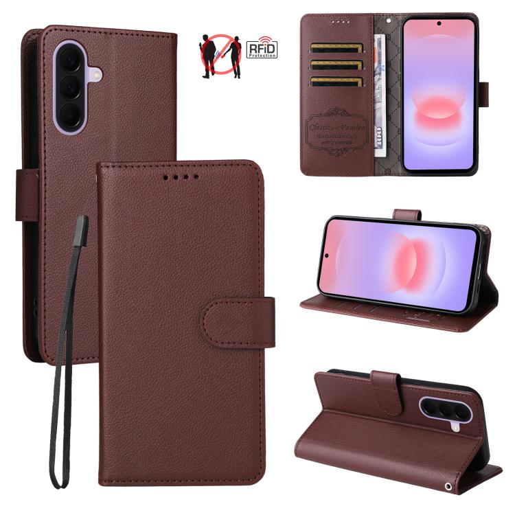 Custodia per telefono in pelle con portafoglio a 3 carte e protezione RFID, con texture litchi., For Galaxy A57 5G, For Galaxy A37 5G, For Galaxy A27 5G, For Samsung Galaxy A25e