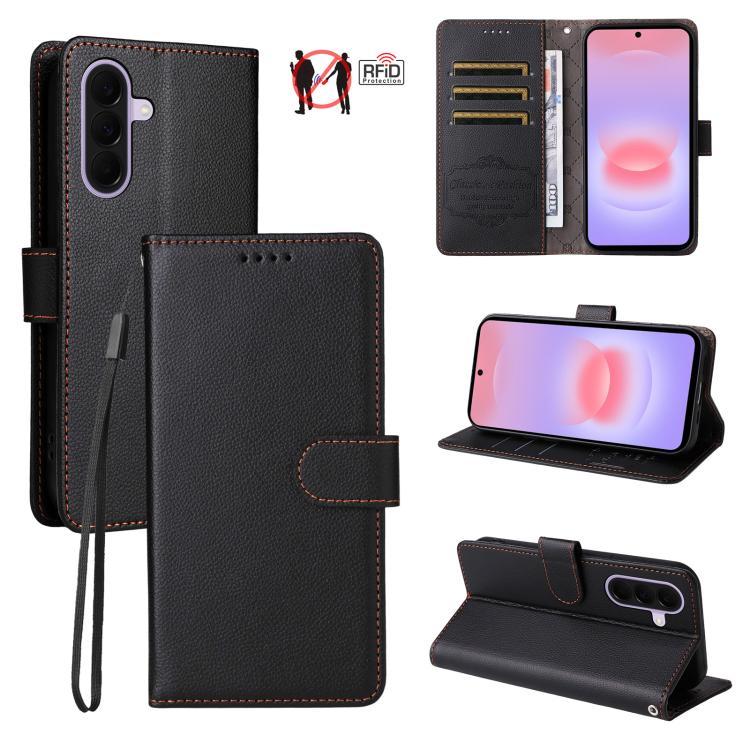 Custodia per telefono in pelle con portafoglio a 3 carte e protezione RFID, con texture litchi., For Galaxy A57 5G, For Galaxy A37 5G, For Galaxy A27 5G, For Samsung Galaxy A25e