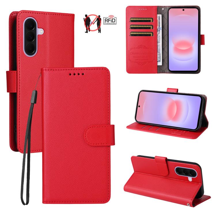 Custodia per telefono in pelle con portafoglio a 3 carte e protezione RFID, con texture litchi., For Galaxy A57 5G, For Galaxy A37 5G, For Galaxy A27 5G, For Samsung Galaxy A25e