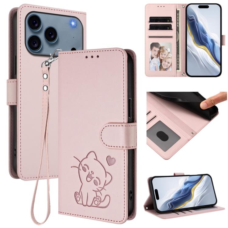 Custodia per telefono in pelle con ciondolo a forma di gatto e cuore in rilievo, completa di cinturino da polso., For iPhone 17e / 16e, For iPhone 17 Pro Max