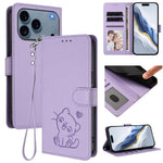Custodia per telefono in pelle con ciondolo a forma di gatto e cuore in rilievo, completa di cinturino da polso., For iPhone 17e / 16e, For iPhone 17 Pro Max