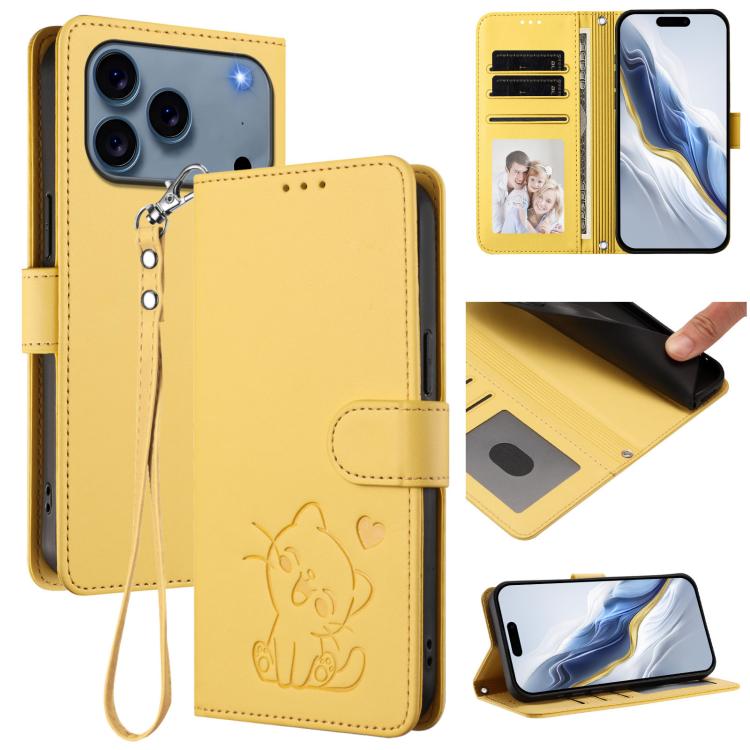 Custodia per telefono in pelle con ciondolo a forma di gatto e cuore in rilievo, completa di cinturino da polso., For iPhone 17e / 16e, For iPhone 17 Pro Max