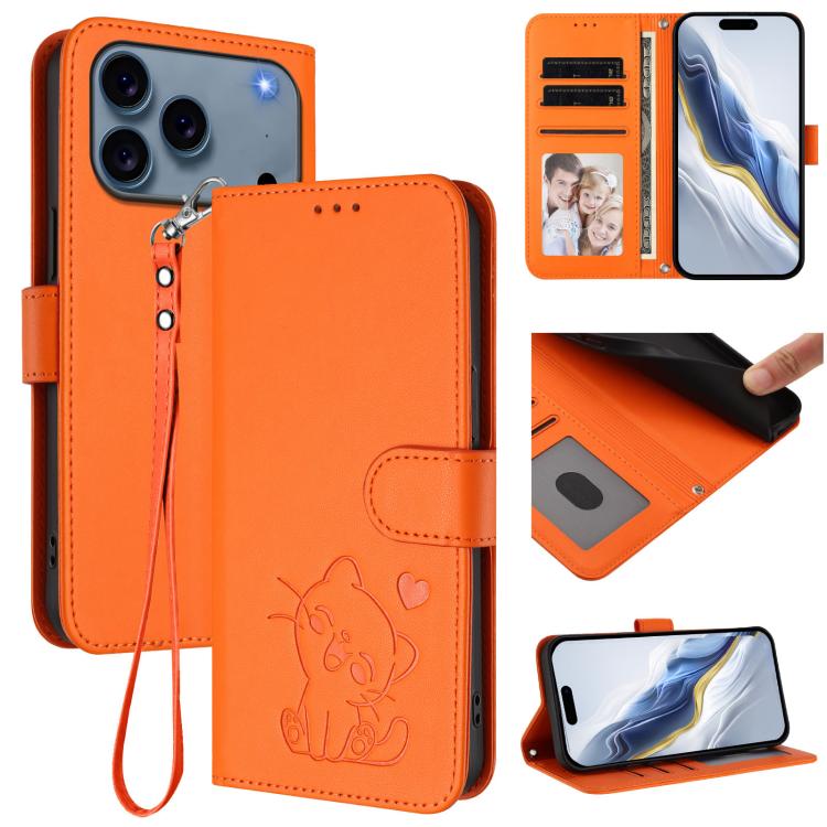 Custodia per telefono in pelle con ciondolo a forma di gatto e cuore in rilievo, completa di cinturino da polso., For iPhone 17e / 16e, For iPhone 17 Pro Max