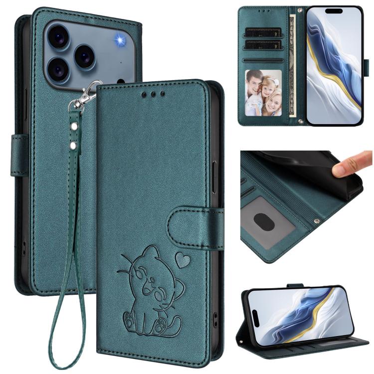 Custodia per telefono in pelle con ciondolo a forma di gatto e cuore in rilievo, completa di cinturino da polso., For iPhone 17e / 16e, For iPhone 17 Pro Max