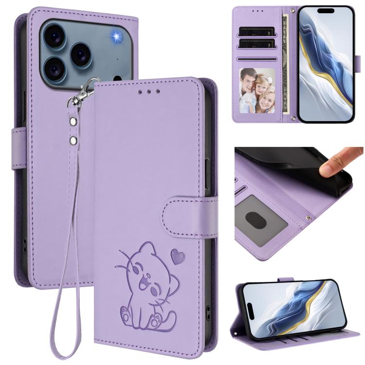 Custodia per telefono in pelle con ciondolo a forma di gatto e cuore in rilievo, completa di cinturino da polso., For iPhone 17 Pro, For iPhone 17
