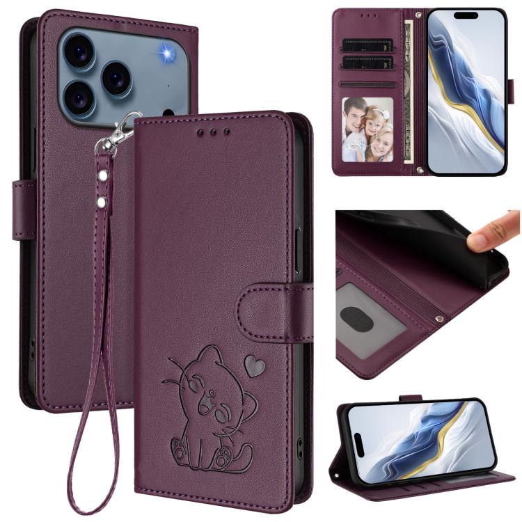 Custodia per telefono in pelle con ciondolo a forma di gatto e cuore in rilievo, completa di cinturino da polso., For iPhone 17 Pro, For iPhone 17