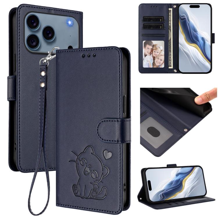 Custodia per telefono in pelle con ciondolo a forma di gatto e cuore in rilievo, completa di cinturino da polso., For iPhone 17 Pro, For iPhone 17