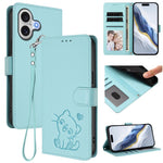 Custodia per telefono in pelle con ciondolo a forma di gatto e cuore in rilievo, completa di cinturino da polso., For iPhone 17 Pro, For iPhone 17