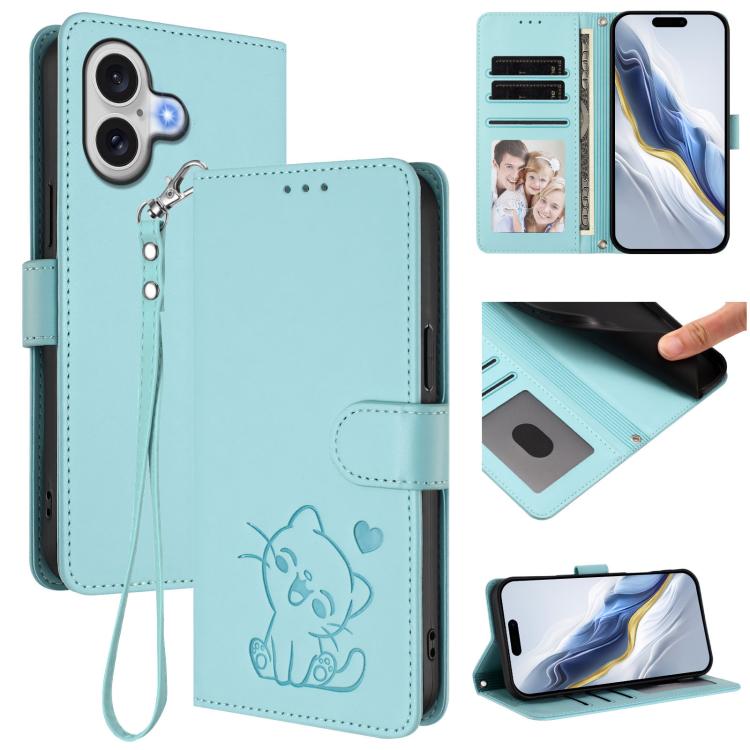 Custodia per telefono in pelle con ciondolo a forma di gatto e cuore in rilievo, completa di cinturino da polso., For iPhone 17 Pro, For iPhone 17
